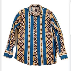 Vintage Blue Brown Chervron Panhandle Slim Western Shirt sz L 100% Cotton